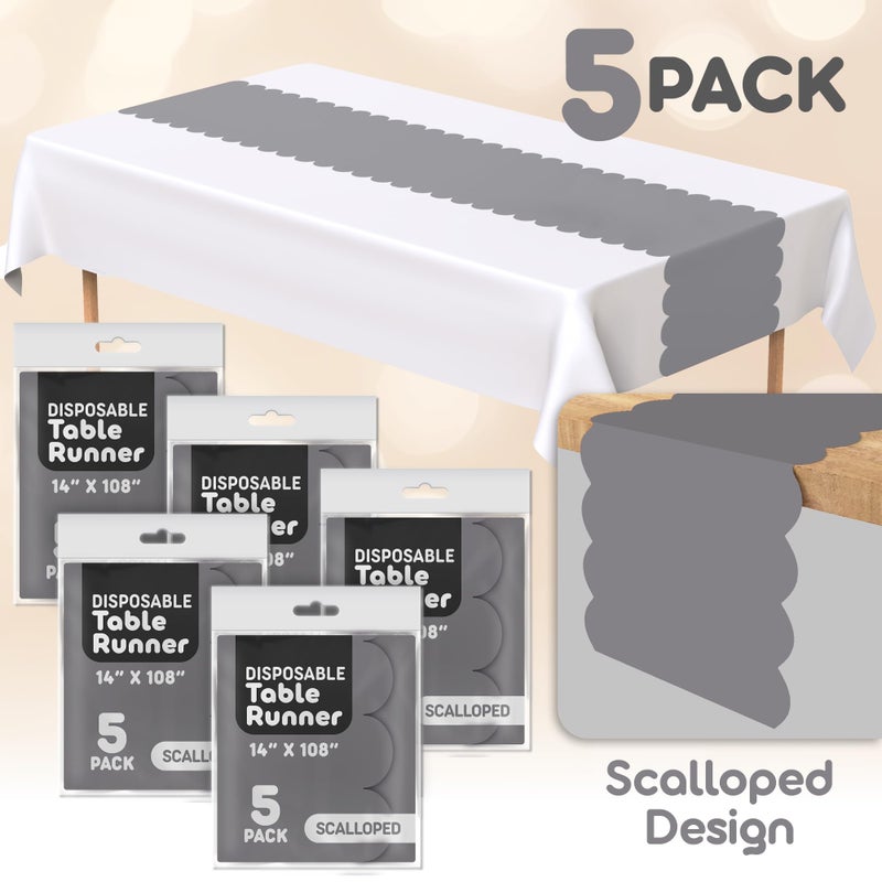 Swanoo Silver Grey Plastic Disposable Table Runner. 5 Pack 14 x 108 inch. Scallop Table Runner Adds A Pop of Color to Your Party Table, by Swanoo - Image 2